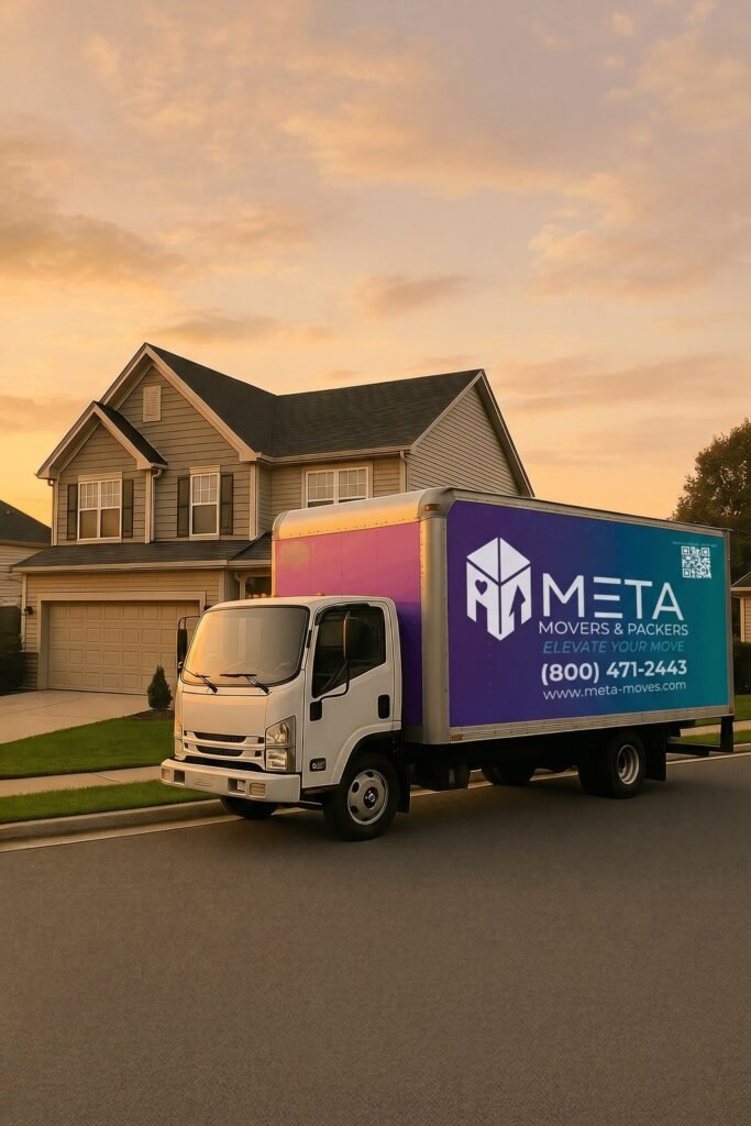 Meta Movers box truck with new logo in a neighborhood